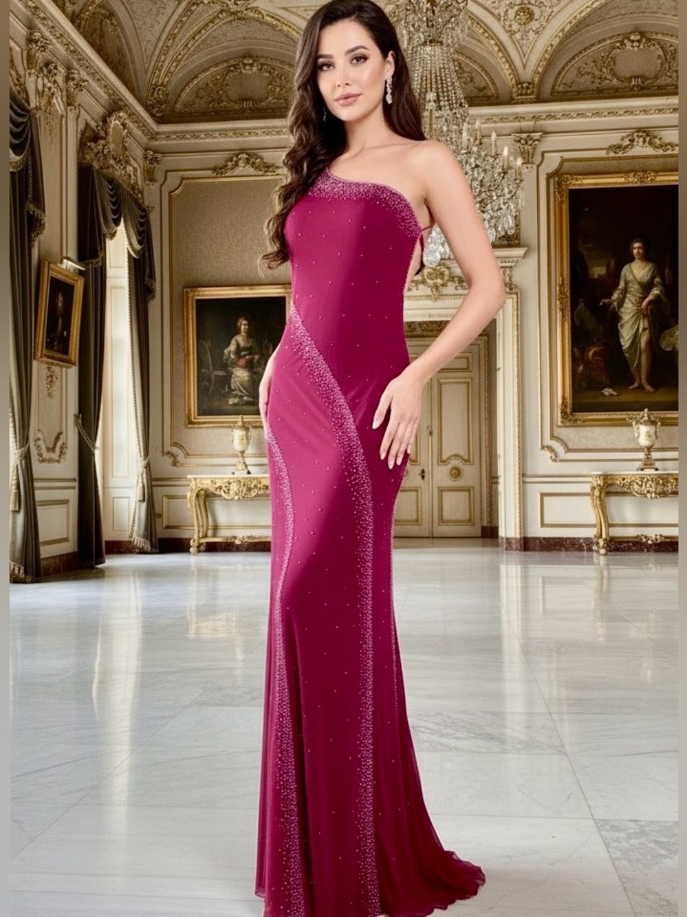 Elegant One-Shoulder Fuchsia magenta hand beaded stretch Evening Gown NWT size s